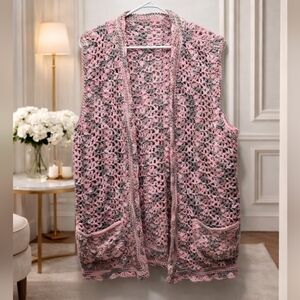 NEW Hand Crotched Pink and Gray Crochet Vest With Front Pockets